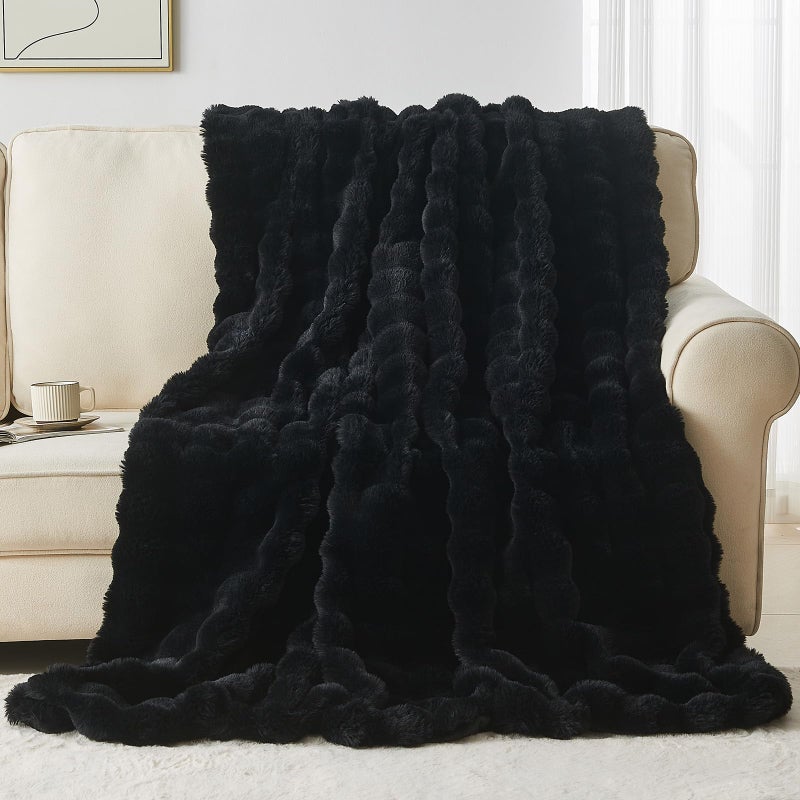 Lotus Karen Lotus Karen King Size Faux Fur Blanket Black - Big Bubble Rabbit Fluff Blanket for Bed  Large Fluffy Fuzzy Cozy Blanket  Thick Furry Plush Shaggy Blankets  108x90 Inches  - Image 1
