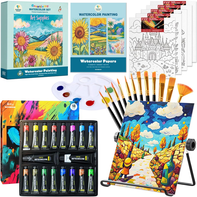 AOTEMOON Watercolor Paint Set, Art Painting Kit with 18 Large Tubes 24ml and 50ml, Watercolor Papers, Canvas Panels, Brushes, Table Easel, Palette, Art Supplies Gift for Beginners and Young Artists - Image 1