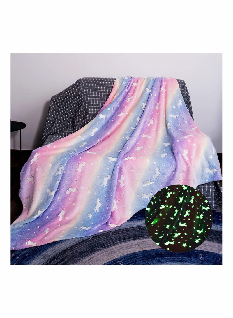 Glow in The Dark Throw Blanket Super Soft Flannel Fleece 100 x 150cm Warm Cozy Furry for Kids Decorated with Stars and Horse Holiday Birthday Gift Girls Boys Teens - Image 1