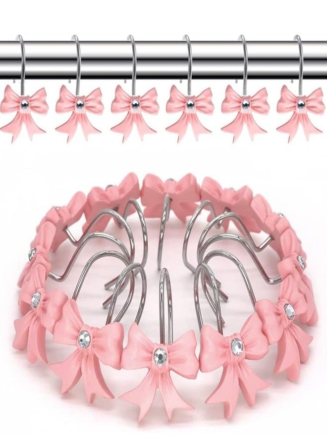 12 Pieces of Pink Bow Shower Curtain Hooks, Bathroom, Baby Room, Girls' Room, Resin Shower Curtain Ring Bathroom Accessories (Pink with Diamonds) - Image 2