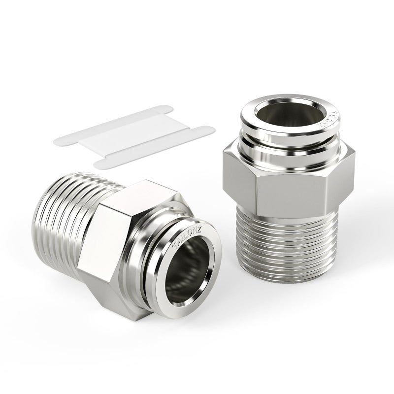 TAILONZ PNEUMATIC 304 Stainless Steel Male Straight 3/8 Inch Tube OD x 1/2 Inch NPT Thread Push to Connect Fittings PC-3/8-N4 (Pack of 2)