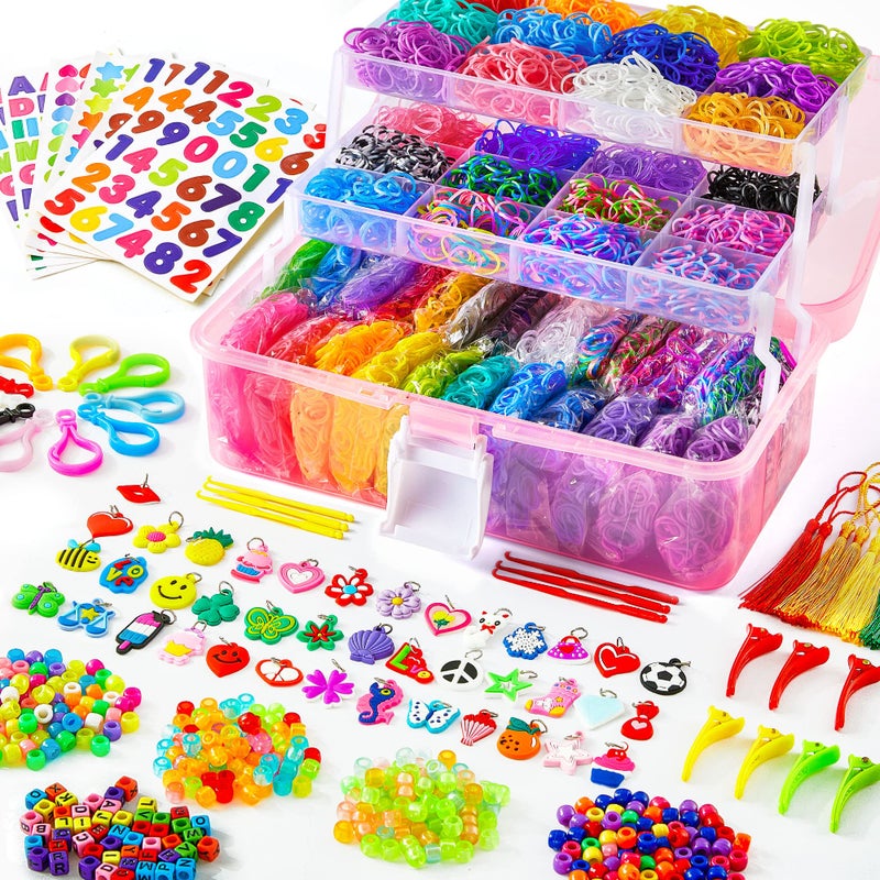 INSCRAFT 17500 Rubber Loom Bands with 3 Layer Pink Container 28 Colors 600 SClips 352 Beads 40 Cartoon Pendant Bracelet Making Refill Kit for Kids - Image 2