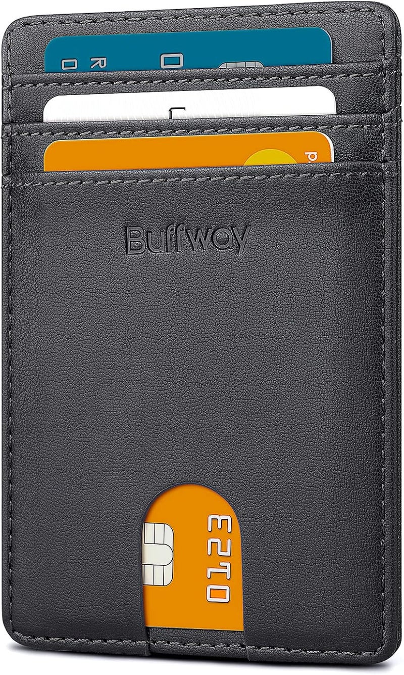 Buffway Mens Slim Wallet, Minimalist Thin Front Pocket Leather Credit Card Holder with RFID Blocking for Work Travel - Image 1