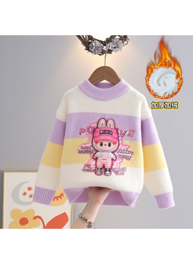 New Girls' Sweater Korean Fleece Winter Thickened Fleece Fashionable Kids Knitted Sweater Middle & Big Girls' Base Layer