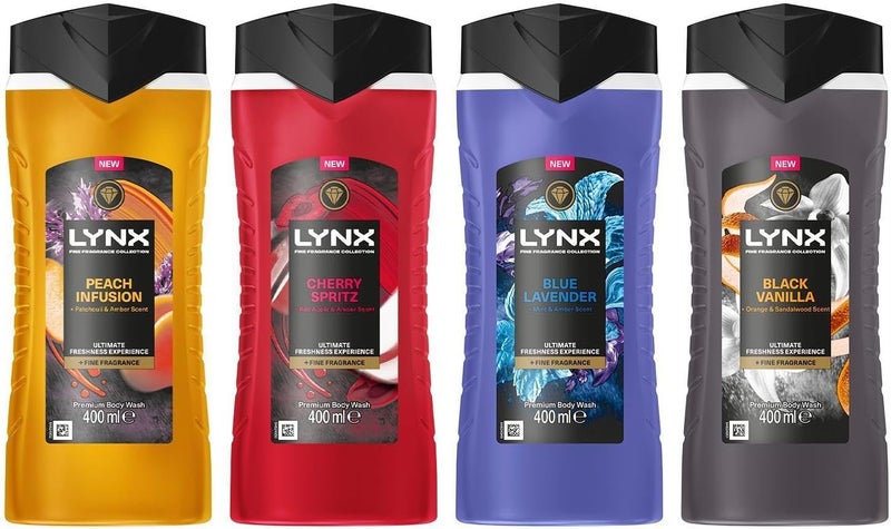Lynx Shower Gel Mens 4 Pack Bundle of 400ml Body Wash in Black Vanilla Blue Lavender Cherry Spritz Peach Infusion Invigorating Scents for Daily Freshness