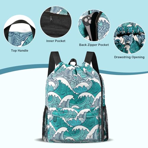 Risefit Drawstring Backpack with Mesh Pockets String Gym Bag Sackpack Sandproof Water Resistant Beach Backpack for Men Women (Blue Waves) - Image 4