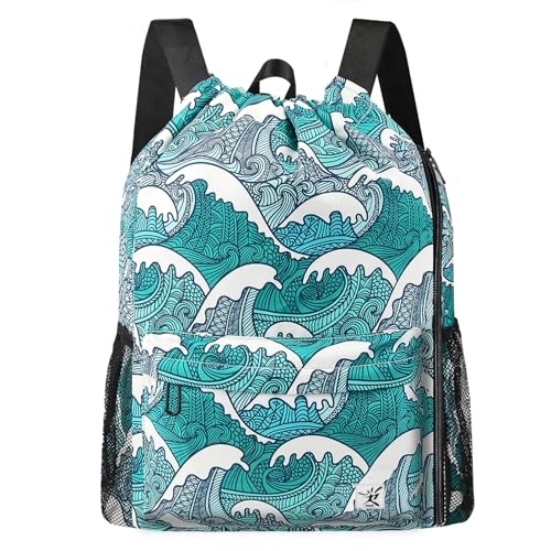 Risefit Drawstring Backpack with Mesh Pockets String Gym Bag Sackpack Sandproof Water Resistant Beach Backpack for Men Women (Blue Waves) - Image 1