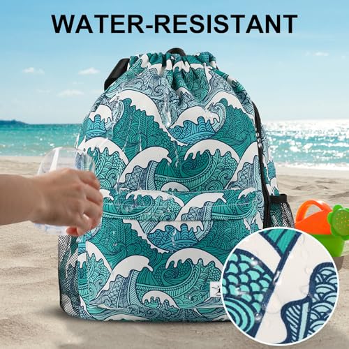 Risefit Drawstring Backpack with Mesh Pockets String Gym Bag Sackpack Sandproof Water Resistant Beach Backpack for Men Women (Blue Waves) - Image 3