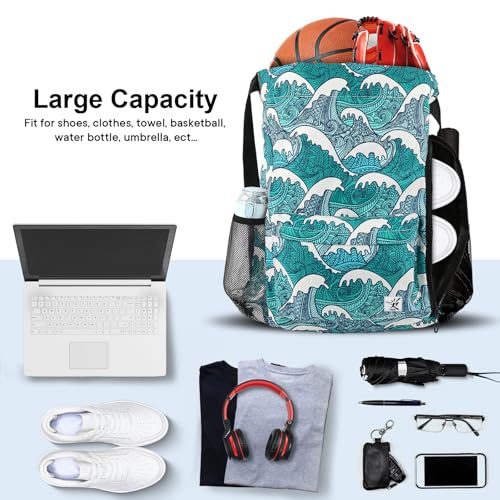 Risefit Drawstring Backpack with Mesh Pockets String Gym Bag Sackpack Sandproof Water Resistant Beach Backpack for Men Women (Blue Waves) - Image 2