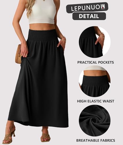 Lepunuo Casual Maxi Boho Skirts Casual Smocked Waisted Trendy Floral Skirts with Pockets A - Black - Image 5