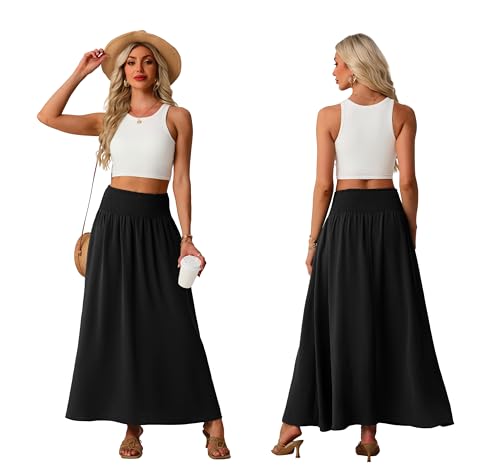 Lepunuo Casual Maxi Boho Skirts Casual Smocked Waisted Trendy Floral Skirts with Pockets A - Black - Image 4