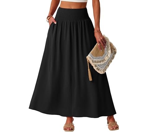 Lepunuo Casual Maxi Boho Skirts Casual Smocked Waisted Trendy Floral Skirts with Pockets A - Black - Image 1