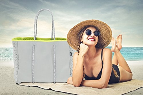 QOGiR Neoprene Multipurpose Beach Bag Tote with Inner Zipper Pocket (Light Grey, Large) - Image 2
