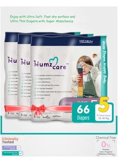 Mumz Care Baby Diapers, Ultra-Thin with Super Absorbency,  Size 5, 12-18 Kg,  3 Pack & 66 Diapers. Breathable material, Ultra soft and fast dry surface to minimize rash