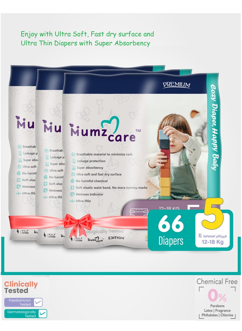 Mumz Care - Mumz Care Baby Diapers, Ultra-Thin with Super Absorbency,  Size 5, 12-18 Kg,  3 Pack & 66 Diapers. Breathable material, Ultra soft and fast dry surface to minimize rash - Image 1