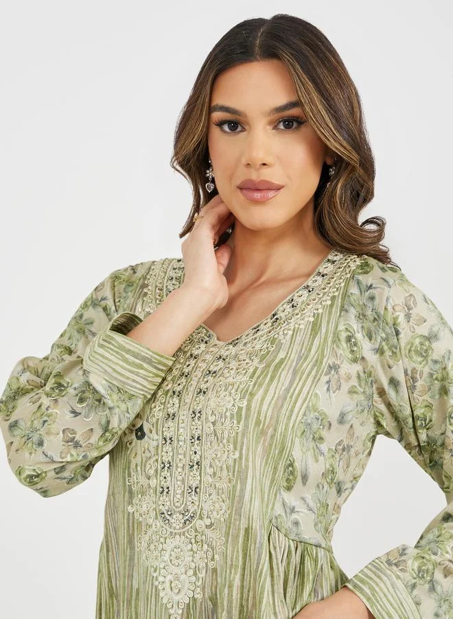Styli All-Over Print Embroidered A-Line Jalabiya with Side Gathered Detail