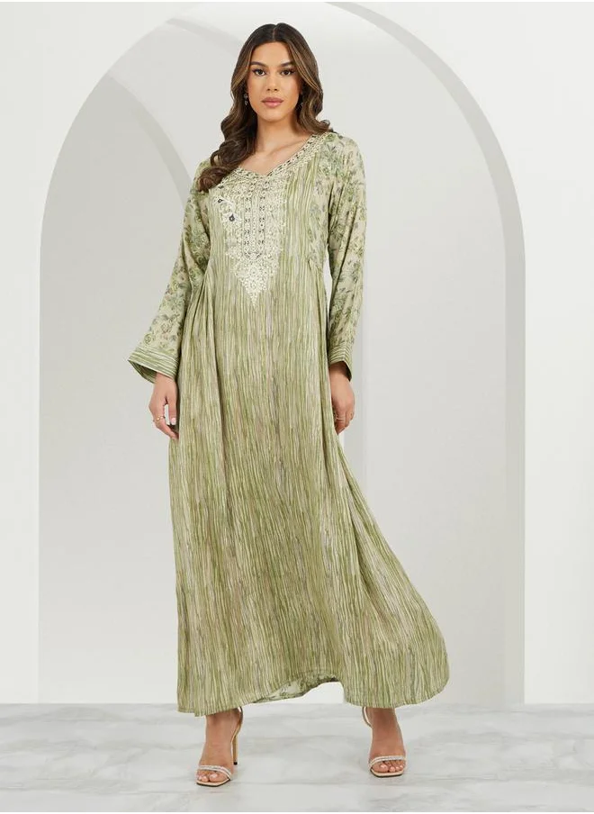 Styli All-Over Print Embroidered A-Line Jalabiya with Side Gathered Detail