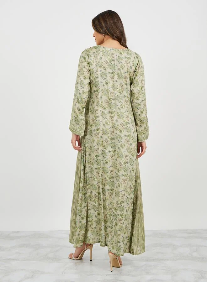 Styli All-Over Print Embroidered A-Line Jalabiya with Side Gathered Detail