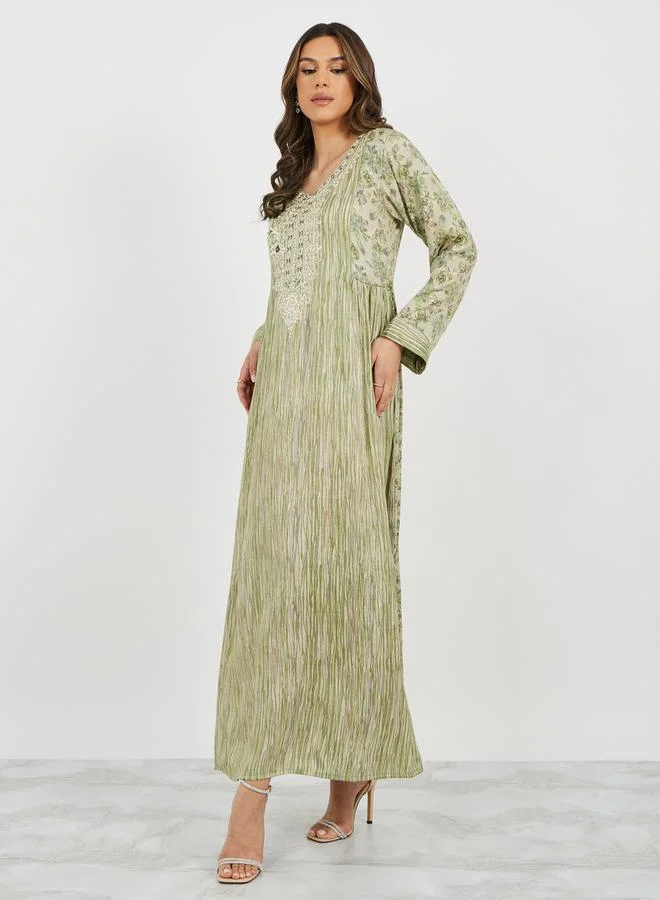 Styli All-Over Print Embroidered A-Line Jalabiya with Side Gathered Detail