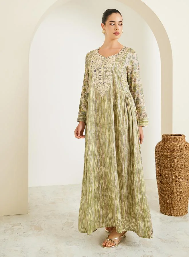 All-Over Print Embroidered A-Line Jalabiya with Side Gathered Detail