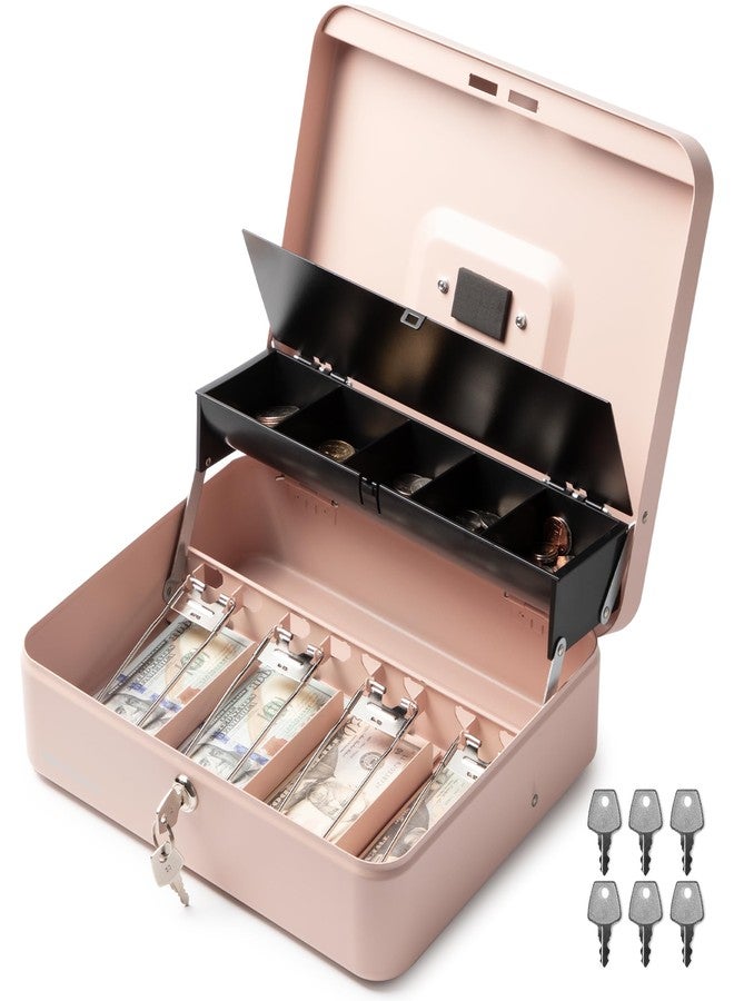 Volcora Large Cash Box with Key Lock, Metal Money Box for Cash, Portable Locking Safe Box with Money Tray, Durable Money Saving Organizer for Yard Sale, Garage Sale, Small Business, Rose Gold - Image 1