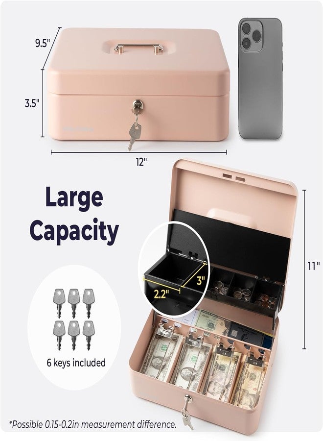 Volcora Large Cash Box with Key Lock, Metal Money Box for Cash, Portable Locking Safe Box with Money Tray, Durable Money Saving Organizer for Yard Sale, Garage Sale, Small Business, Rose Gold - Image 3