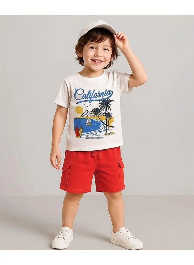 Babyhug Babyhug Single Jersey Knit Half Sleeves T-Shirt & Shorts Set with Beach Theme Print - Red & White