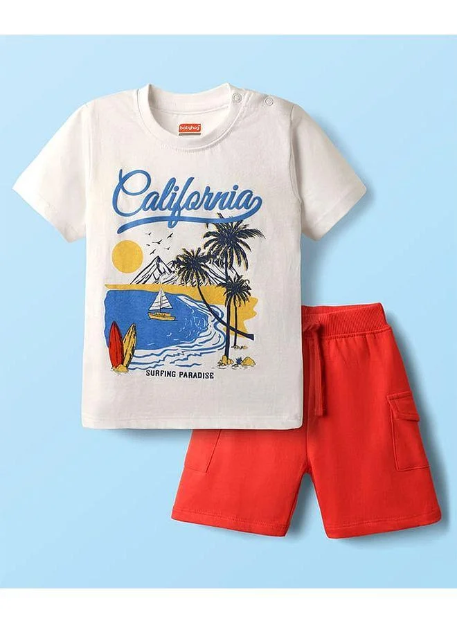 Babyhug Babyhug Single Jersey Knit Half Sleeves T-Shirt & Shorts Set with Beach Theme Print - Red & White
