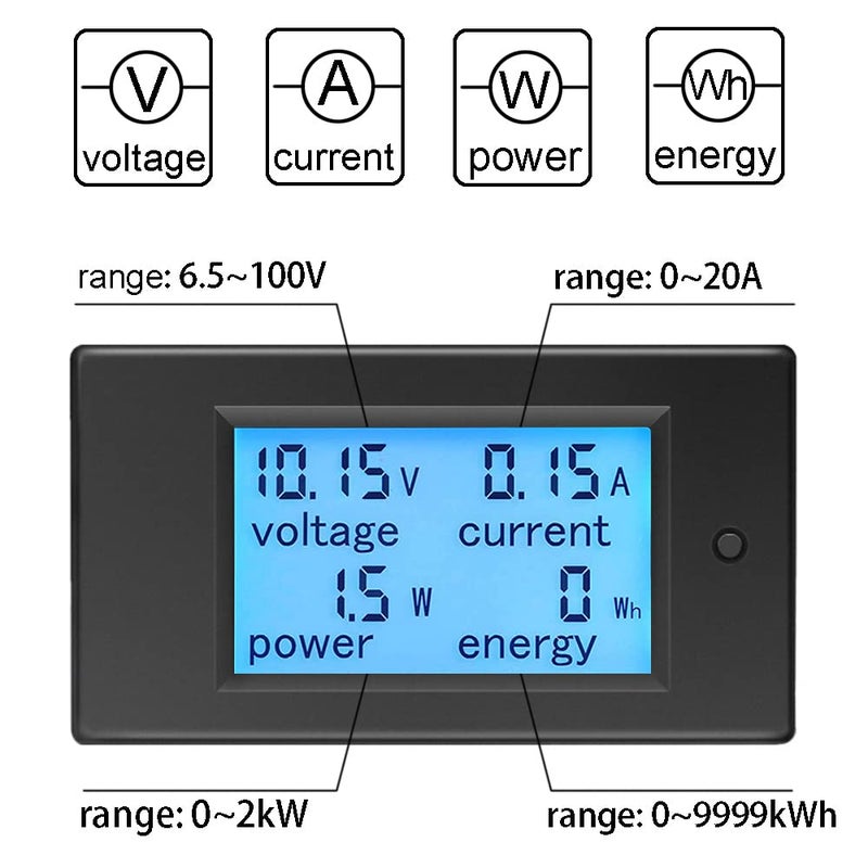 KETOTEK Amp Volt Watt Kwh Meter Tester Panel Digital 4 in 1 Ammeter Voltmeter Multimeter 12V DC 6.5-100V 20A, Voltage Current Power Energy Usage Monitor LCD Display Car Motorbike Solar - Image 2