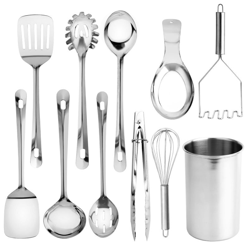 COOK WITH COLOR Kitchen Utensil Set - 10-piece premium Nonstick & Heat Resistant Kitchen Gadgets, Turner, Spaghetti Server, Serving Spoons, Whisk, Tongs, Masher & Utensil Holder, Stainless Steel - Image 1