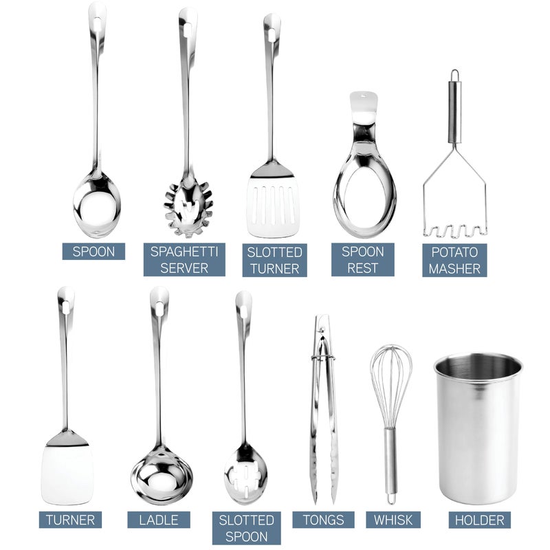 COOK WITH COLOR Kitchen Utensil Set - 10-piece premium Nonstick & Heat Resistant Kitchen Gadgets, Turner, Spaghetti Server, Serving Spoons, Whisk, Tongs, Masher & Utensil Holder, Stainless Steel - Image 5