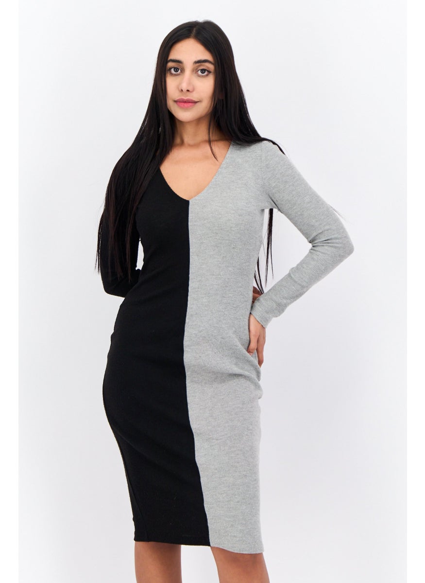 Aqua - Women Two Tone Casual Midi Dress, Grey - Image 1