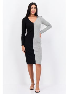 Women Two Tone Casual Midi Dress, Grey