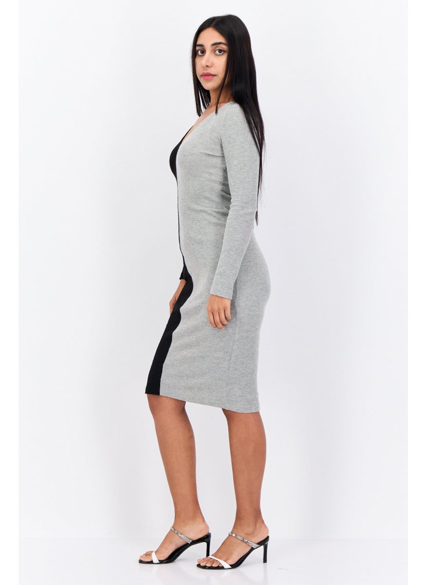 Aqua - Women Two Tone Casual Midi Dress, Grey - Image 1