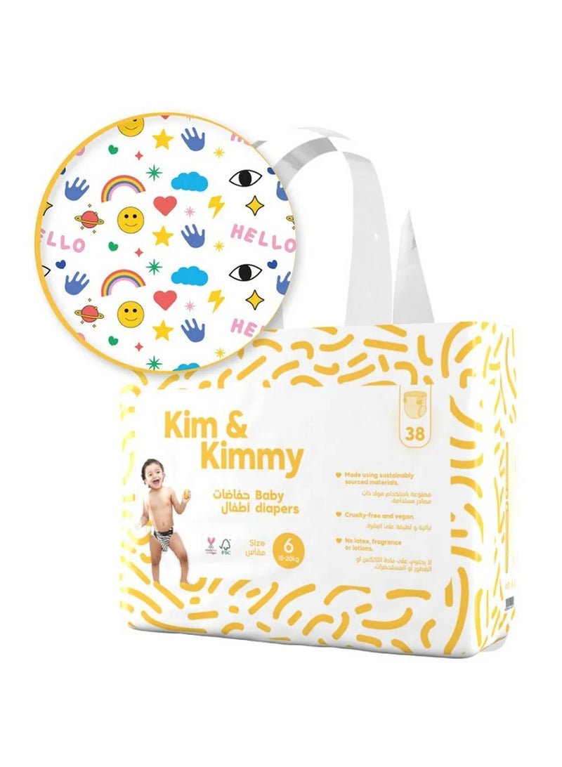 Kim & Kimmy KimandKimmy Funny Icons Tape Style Diapers, 38 Pieces, Size 6, 15 to 20kg - 12hr Leak Protection,Wetness Indicator, No Fragrance - Image 1