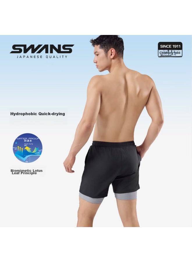 Speed Vision Swans Men's Quick-dry Double-layer Swim Shorts, Anti-exposure Knee-length Beach Shorts, Sun Protection Seaside Swimming Trunks 272 Black XL - Image 5