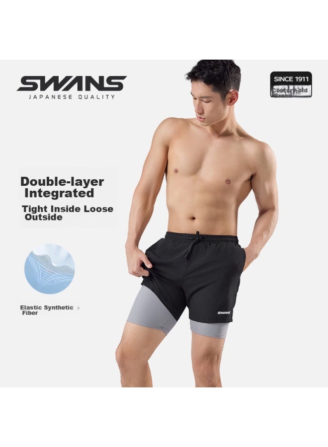 Speed Vision Swans Men's Quick-dry Double-layer Swim Shorts, Anti-exposure Knee-length Beach Shorts, Sun Protection Seaside Swimming Trunks 272 Black XL - Image 4