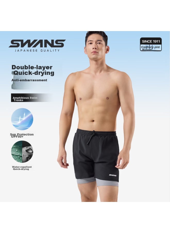 Speed Vision Swans Men's Quick-dry Double-layer Swim Shorts, Anti-exposure Knee-length Beach Shorts, Sun Protection Seaside Swimming Trunks 272 Black XL - Image 2