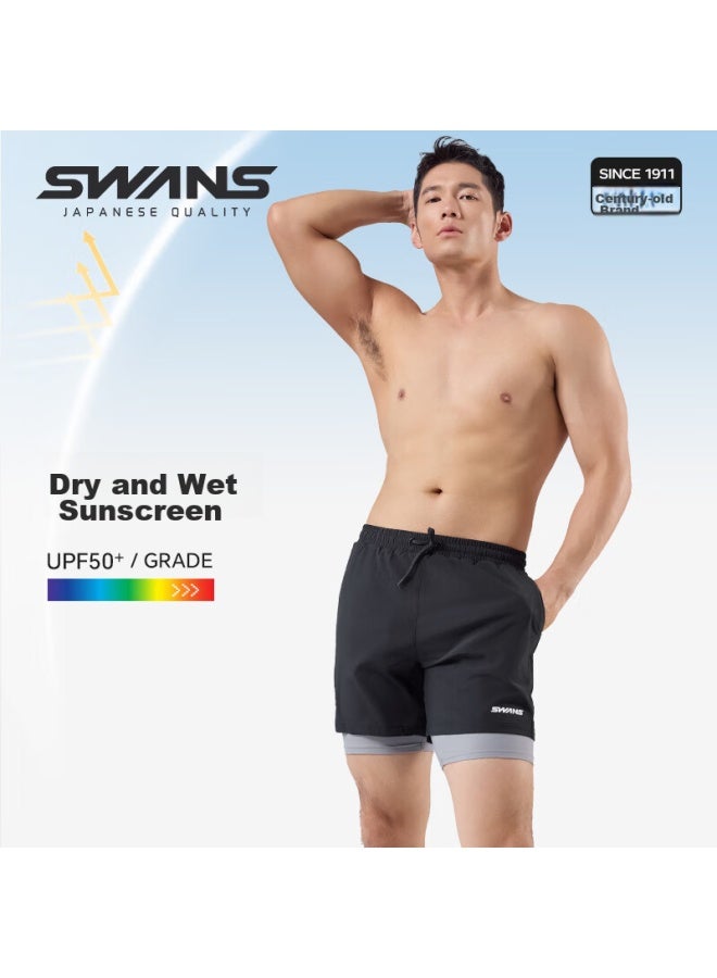 Speed Vision Swans Men's Quick-dry Double-layer Swim Shorts, Anti-exposure Knee-length Beach Shorts, Sun Protection Seaside Swimming Trunks 272 Black XL - Image 3