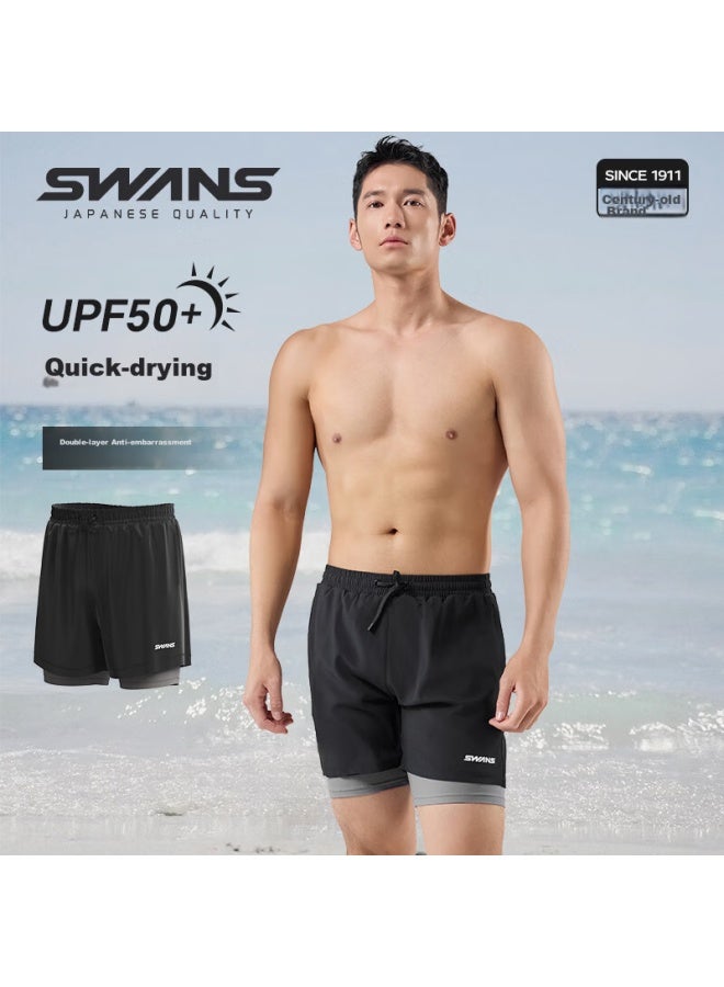 Speed Vision Swans Men's Quick-dry Double-layer Swim Shorts, Anti-exposure Knee-length Beach Shorts, Sun Protection Seaside Swimming Trunks 272 Black XL - Image 1