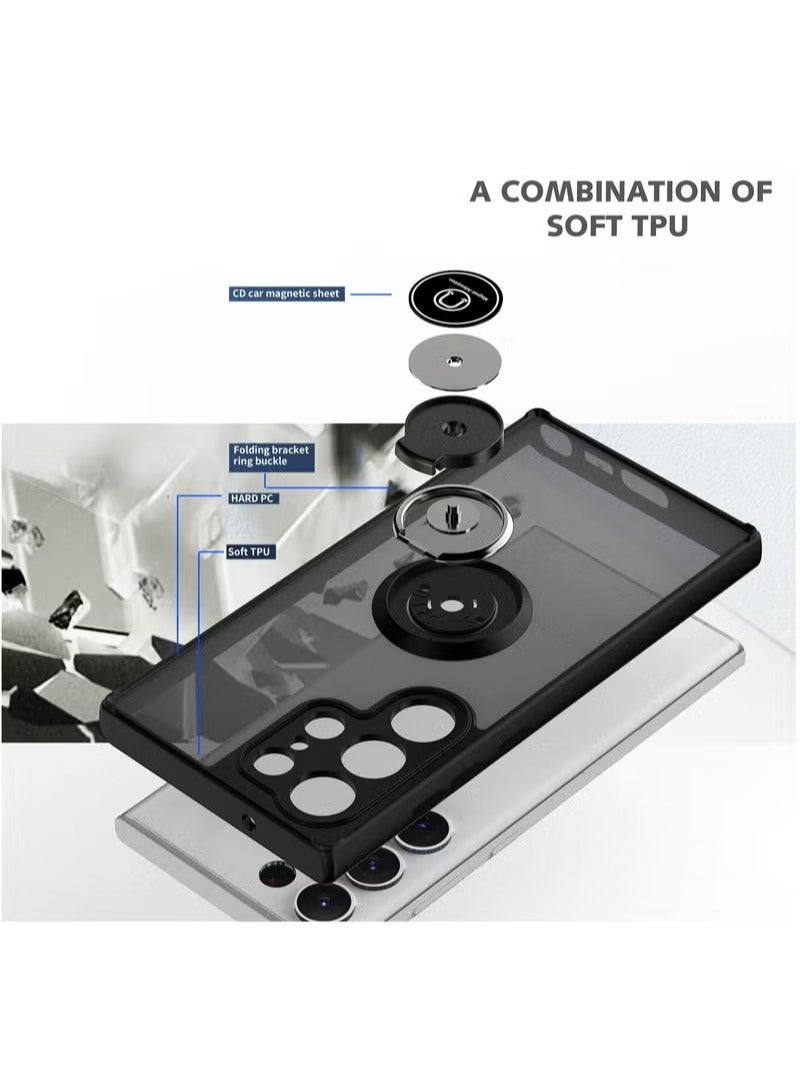 سامسونج غالاكسي S23 الترا 5G الثقيلة حالة صلبة الظهر حواف مرنة المضادة للخدش والصدمات حلقة دائرية دعم مغناطيس السيارة الإطار الأسود - Image 3