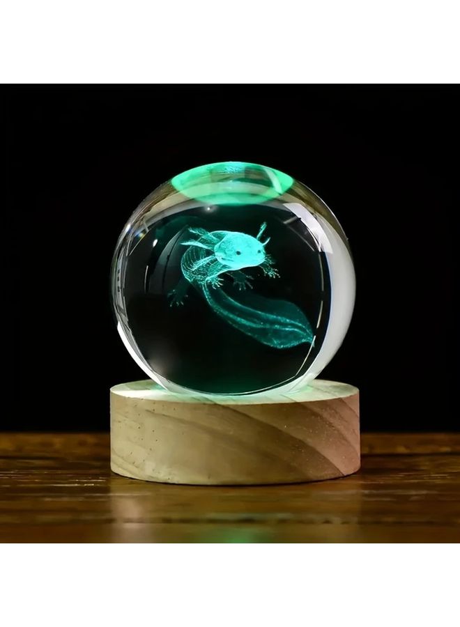 1pc 3D Axolotl Crystal Ball Night Light With Wooden Base Home Bedroom Decor Gift - Image 1