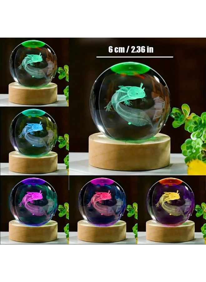 1pc 3D Axolotl Crystal Ball Night Light With Wooden Base Home Bedroom Decor Gift - Image 2