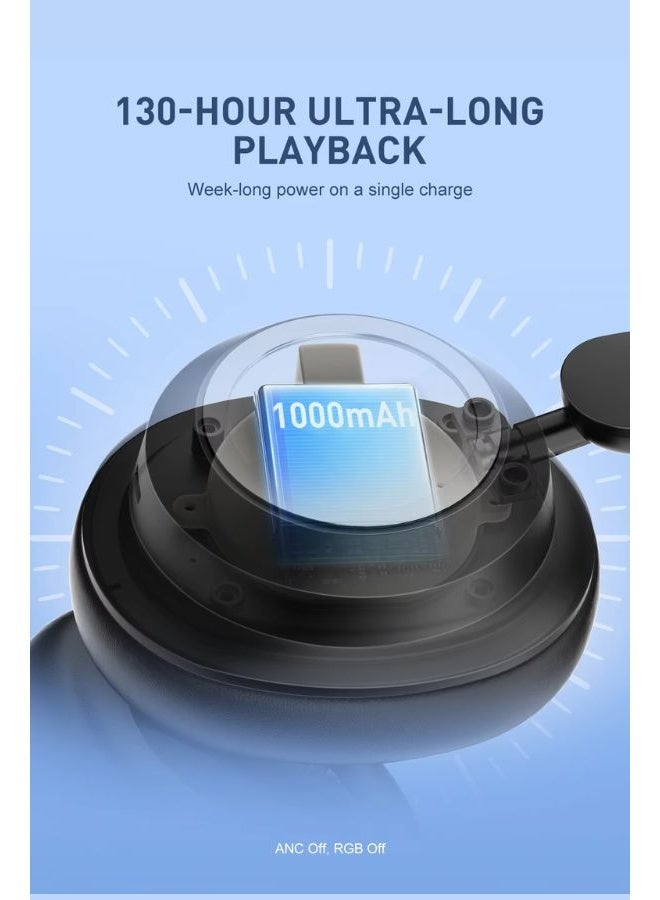 LDNIO سماعات رأس بلوتوث لاسلكية مع إلغاء الضوضاء النشط، إضاءة RGB، حتى 130 ساعة من وقت التشغيل، بلوتوث v5.4 باللون الأسود - Image 3