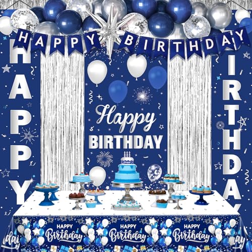 TagreSpike Blue Birthday Decorations for Men Women Navy Blue and Silver Happy Birthday Decorations Happy Birthday Banner Balloons Tablecover Fringe Curtain Porch Door Banner for Mens Boy Bday Party Supplies - Image 1