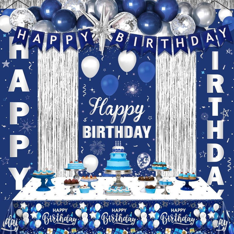 TagreSpike Blue Birthday Decorations for Men Women Navy Blue and Silver Happy Birthday Decorations Happy Birthday Banner Balloons Tablecover Fringe Curtain Porch Door Banner for Mens Boy Bday Party Supplies - Image 3
