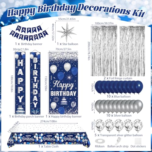 TagreSpike Blue Birthday Decorations for Men Women Navy Blue and Silver Happy Birthday Decorations Happy Birthday Banner Balloons Tablecover Fringe Curtain Porch Door Banner for Mens Boy Bday Party Supplies - Image 5