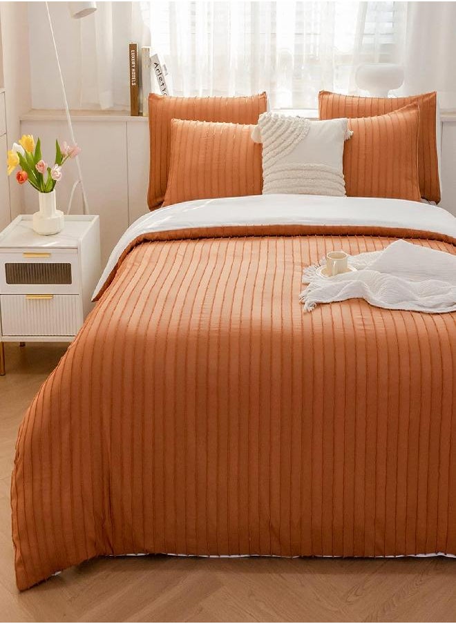 JELLYMONI JELLYMONI Reversible Rust & White Duvet Cover King Size - 3PCS Microfiber Tufted Duvet Cover Set, Boho Striped Tufted Textured Duvet Cover with Corner Ties & Zipper Closure  - Image 1