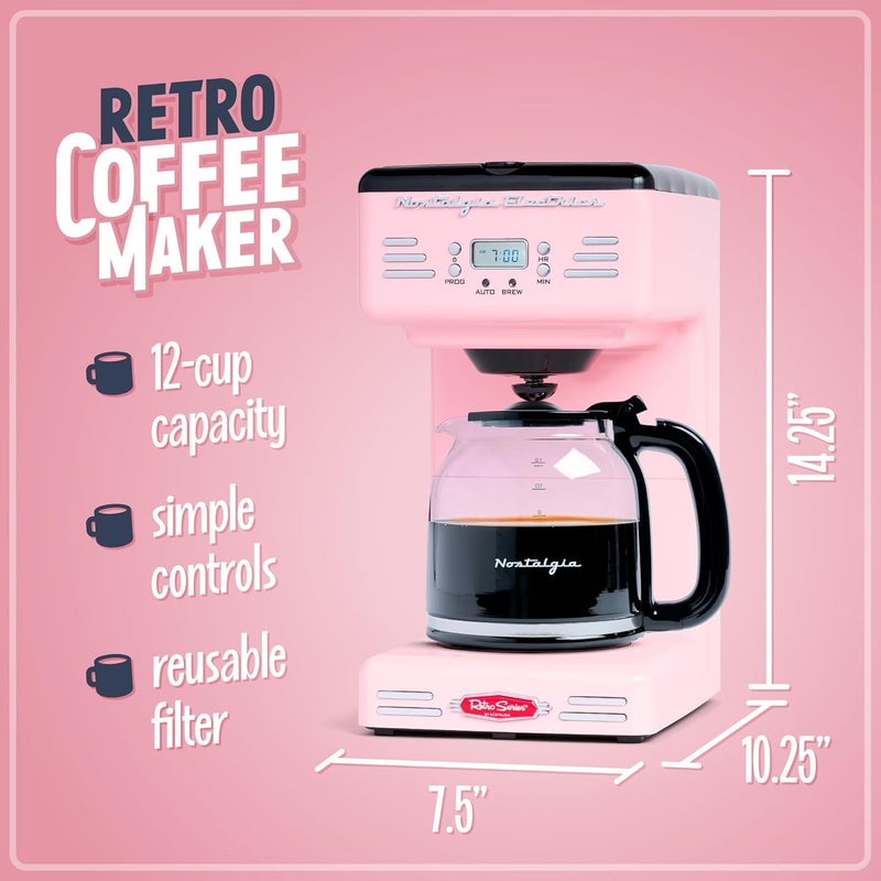 Nostalgia Retro 12-Cup Programmable Coffee Maker With LED Display, Automatic Shut-Off & Keep Warm, Pause-And-Serve Function, Pink - Image 2