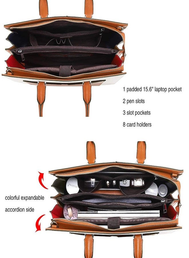 CLUCI Briefcase for Women Fashion Genuine Leather 15.6 Inch Laptop Slim Large Pocket Business Ladies Shoulder Bag Beige with Brown - Image 3